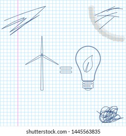 Wind turbine and light bulb with leaves as idea of eco-friendly source of energy line sketch icon isolated on white background. Vector Illustration