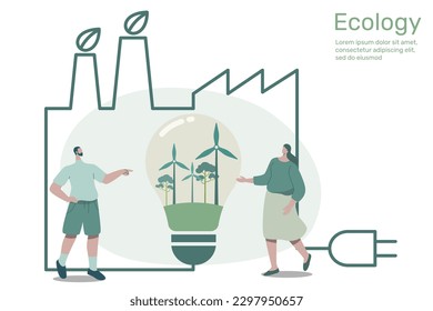 Wind turbine in light bulb with outline green factory, city life ecology concept nature conservation on earth, environmental with sustainable, Vector design illustration.