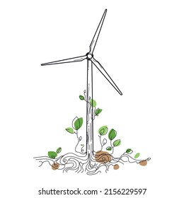 Wind turbine line icon vector illustration isolated on white.Alternative renewable power generation, green energy concept.Wind turbine with tree branches growing from the ground Abstract art 