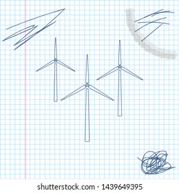 Wind turbine line sketch icon isolated on white background. Wind generator sign. Windmill silhouette. Windmills for electric power production. Vector Illustration