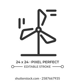 Wind turbine line ui icon. Rotating windmill propeller. Renewable power generation source. Electric substation. Isolated vector outline symbol. Webdesign user interface element linear, pixel perfect