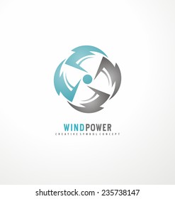 Wind turbine logo design template. Air conditioning vector symbol concept. Cooler icon. Circle thunder symbols with fan in negative space.