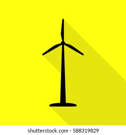 Wind turbine logo or sign. Black icon with flat style shadow path on yellow background.