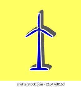Wind turbine logo or sign. Blue Icon with white stroke in 3d at yellow Background. Illustration.