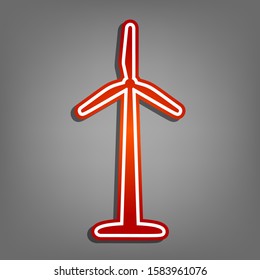 Wind turbine logo or sign. Flat red icon with linear white icon with gray shadow at grayish background. Illustration.