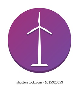 Wind turbine logo or sign. Vector. White icon with flat shadow on purpureus circle at white background. Isolated.