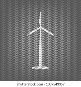Wind turbine logo or sign. Vector. White knitted icon on gray knitted background. Isolated.