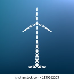 Wind turbine logo or sign. Vector. White textured icon at lapis lazuli gradient background.