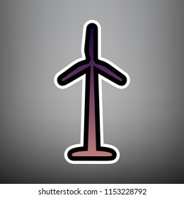 Wind turbine logo or sign. Vector. Violet gradient icon with black and white linear edges at gray background.