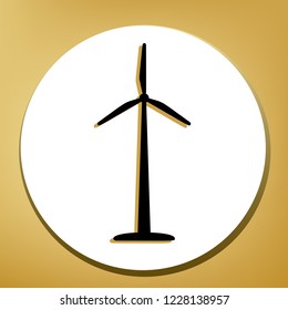 Wind turbine logo or sign. Vector. Black icon with light brown shadow in white circle with shaped ring at golden background.