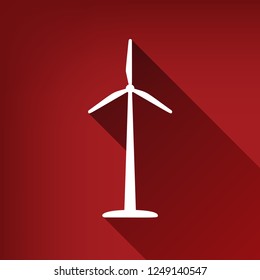 Wind turbine logo or sign. Vector. White icon with limitless shadow at ruby red background.