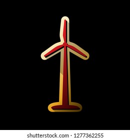 Wind turbine logo or sign. Vector. Red icon with small black and limitless shadows at golden sticker on black background.