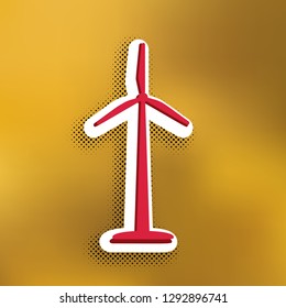 Wind turbine logo or sign. Vector. Magenta icon with darker shadow, white sticker and black popart shadow on golden background.