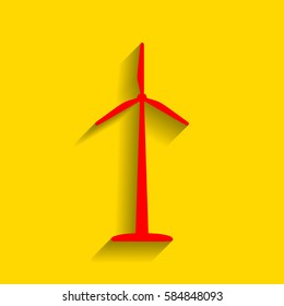 Wind turbine logo or sign. Vector. Red icon with soft shadow on golden background.
