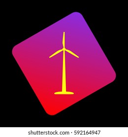 Wind turbine logo or sign. Vector. Yellow icon at violet-red gradient square with rounded corners rotated for dynamics on black background.