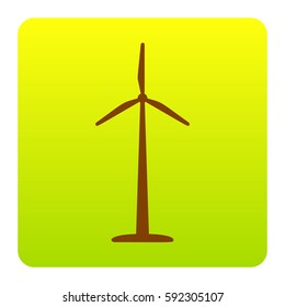 Wind turbine logo or sign. Vector. Brown icon at green-yellow gradient square with rounded corners on white background. Isolated.