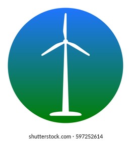 Wind turbine logo or sign. Vector. White icon in bluish circle on white background. Isolated.