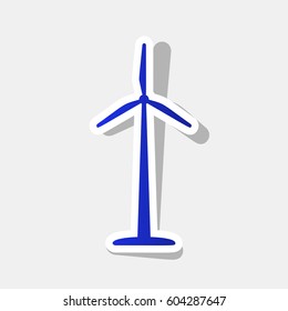 Wind turbine logo or sign. Vector. New year bluish icon with outside stroke and gray shadow on light gray background.