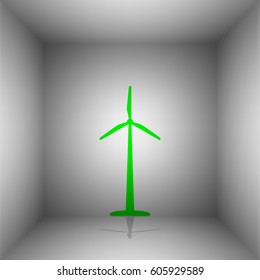Wind turbine logo or sign. Vector. Green icon with shadow in the room.