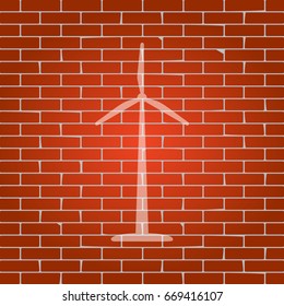 Wind turbine logo or sign. Vector. Whitish icon on brick wall as background.