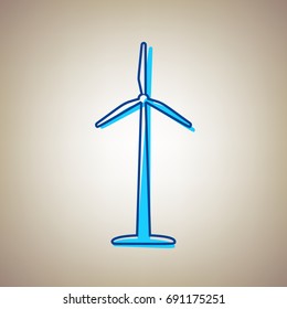 Wind turbine logo or sign. Vector. Sky blue icon with defected blue contour on beige background.