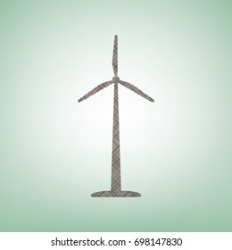 Wind turbine logo or sign. Vector. Brown flax icon on green background with light spot at the center.