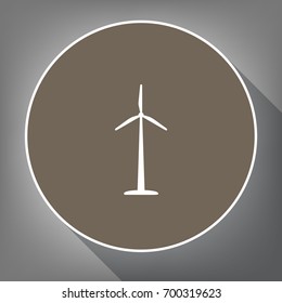 Wind turbine logo or sign. Vector. White icon on brown circle with white contour and long shadow at gray background. Like top view on postament.