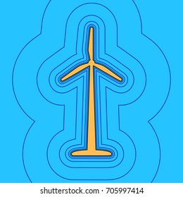 Wind turbine logo or sign. Vector. Sand color icon with black contour and equidistant blue contours like field at sky blue background. Like waves on map - island in ocean or sea.
