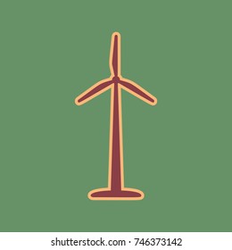 Wind turbine logo or sign. Vector. Cordovan icon and mellow apricot halo with light khaki filled space at russian green background.