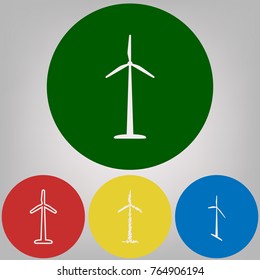 Wind turbine logo or sign. Vector. 4 white styles of icon at 4 colored circles on light gray background.