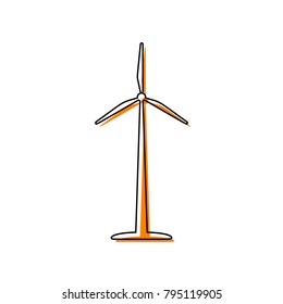 Wind turbine logo or sign. Vector. Black line icon with shifted flat orange filled icon on white background. Isolated.
