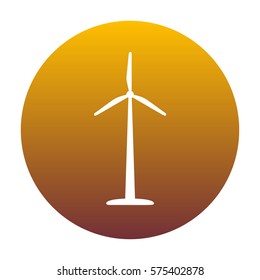 Wind turbine logo or sign. White icon in circle with golden gradient as background. Isolated.