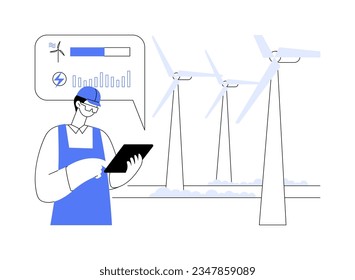 Ilustración vectorial de concepto abstracto de mantenimiento de turbinas eólicas. Ingeniero revisando el estado de las turbinas eólicas, el entorno ecológico, la tecnología sostenible, la metáfora abstracta de la energía renovable.