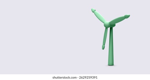 Wind Turbine. Minimal 3D Green Windmill for Renewable Energy and Eco Power Generation. Clean Energy Symbol on Soft Background. Vector Illustration