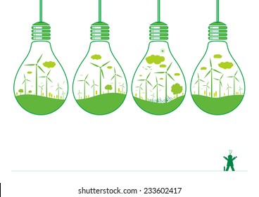 Wind turbine and nature in light bulb