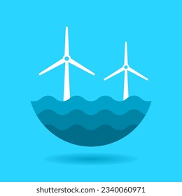 Windturbine am Meer. Konzept der Windenergie. Idee nachhaltiger Energiequellen. Umweltschutz. Ökologische Energieressourcen. Windmühle am Meer. Erneuerbare Energien. Vektorgrafik. 