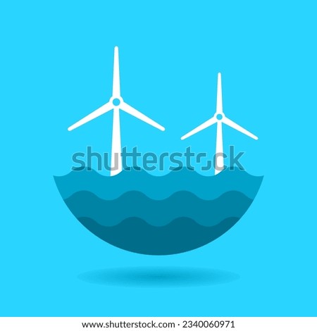 Wind turbine at the ocean. Wind energy concept. Sustainable power sources idea. Environmental conservation. Ecological power resources. Windmill at the sea. Renewable energy. Vector illustration. 