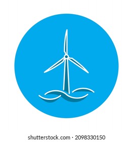 Wind turbine offshore in the ocean, farming windmill circular icon, clean green energy, climate environmental change concept, isolated on white background.