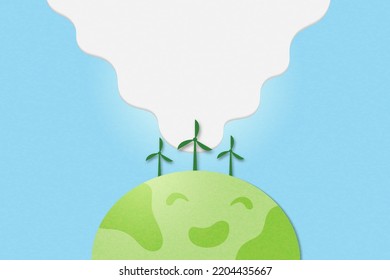 Wind turbine on the green earth.Clean energy and eco friendly background.Paper art of ecology and environment concept.Vector illustration.