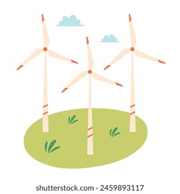 Wind turbine on green field. Green energy concept. Ecological station, wind power. Vector illustration in flat style