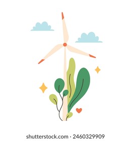 Wind turbine on green field. Green energy concept. Ecological station, wind power. Vector illustration in flat style