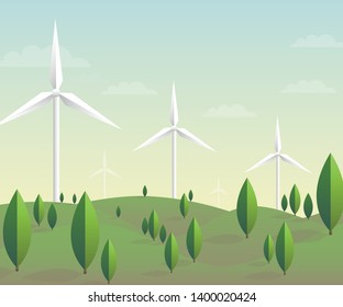 wind turbine on green mountains and tree