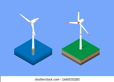 Wind Turbine Onshore And Offshore. Vector Isometric Illustration