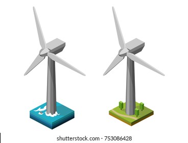 Wind Turbine Onshore And Offshore Vector Isometric Illustration