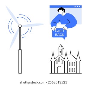 Wind turbine, a person holding a cashback sign on a computer window, and a gothic-style building. Ideal for renewable energy, finance, online shopping, architecture, e-commerce. Simple vector style