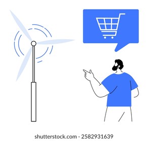 Wind turbine and person pointing at blue speech bubble with shopping cart icon. Ideal for e-commerce, renewable energy, eco-friendly initiatives, technology integration, online shopping trends