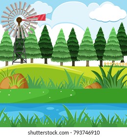 Turbina eólica y pinos en la ilustración de las colinas