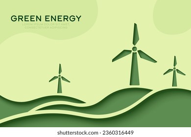 Wind Turbine, Wind Power, 3D paper art style. Renewable energy and Sustainability concept.Banner template background. Vector illustration.