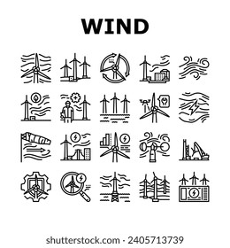 wind turbine power energy farm icons set vector. electric environment, generator industry, sustainable green, renewable turbine, mill wind turbine power energy farm black contour illustrations