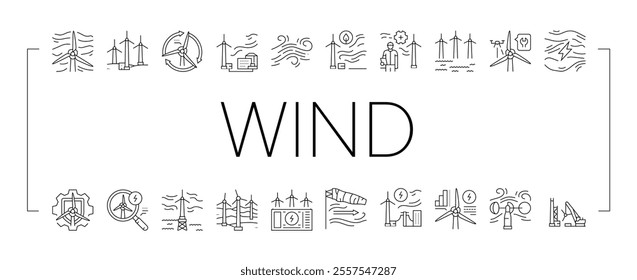 wind turbine power energy farm icons set vector. electric environment, generator industry, sustainable green, renewable turbine, mill wind turbine power energy farm black contour illustrations